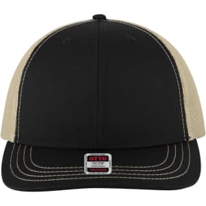 A black and beige 6-panel mid-profile trucker cap featuring a logo. Suitable for youth headwear.
