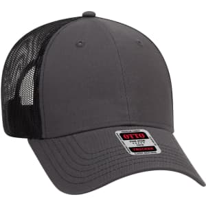 A grey low-profile trucker cap with a mesh back and an adjustable strap, featuring a logo on the front panel.