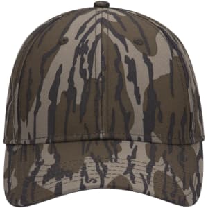 A camo-patterned 6-panel low profile baseball cap featuring shades of green and brown. The cap also has a logo.