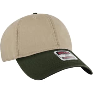 A low profile dad cap with a beige crown and dark green brim, featuring a logo on the front.