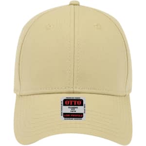 A beige low profile baseball cap with a logo on the front and a flat brim.