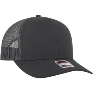 A mid-profile trucker cap in dark grey with a mesh back and a logo tag on the front.