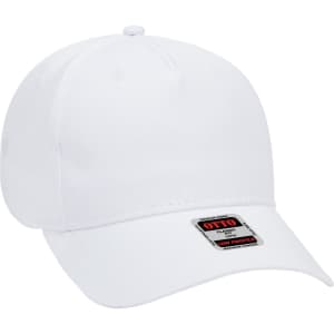 A white 5 panel low profile baseball cap featuring a logo and a curved brim.