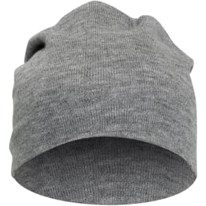 A grey slouch beanie with a soft, stretchy fabric and a casual fit. It features a subtle logo.
