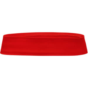 A red hat band with a smooth fabric texture and a simple design. It features a logo.
