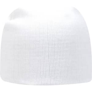 A white classic knit beanie featuring a ribbed texture and a logo.