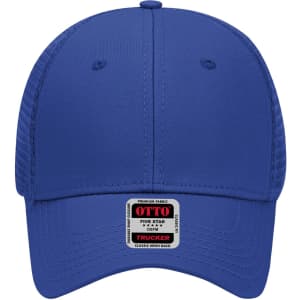 A blue 6 panel low profile trucker cap with a mesh back and a logo label on the front.