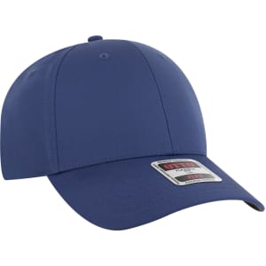 A blue six-panel low profile baseball cap with a logo on the front.