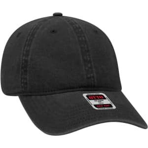 A black six-panel low profile dad cap featuring a curved brim and an adjustable strap. It has a logo on the side.