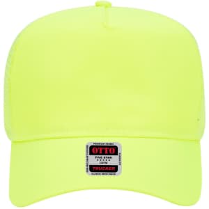 A bright yellow 5 Panel Mid Profile Trucker Cap with a mesh back and a label on the front.