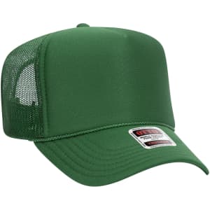 A green 5 panel high crown trucker cap featuring a mesh back and a label on the front.