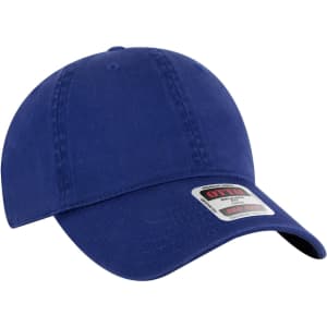 A blue six-panel low profile dad cap with a curved brim and a logo on the front.
