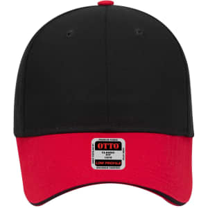 A 6 panel low profile baseball cap featuring a black top and a red brim, with a logo on the front.
