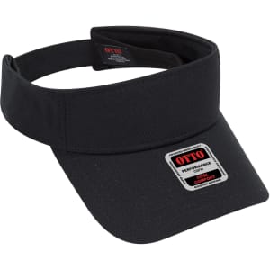 A black sun visor with an adjustable strap and a logo label on the front.