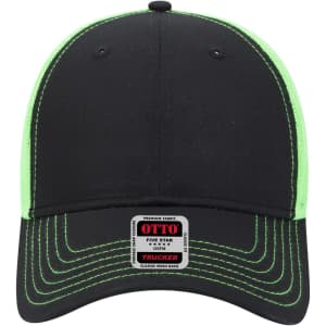 A 6-panel low profile trucker cap in black with bright green accents and a branding label on the front.