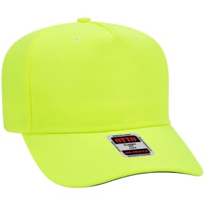 A bright yellow 5-panel mid crown baseball cap with a branded tag on the front.
