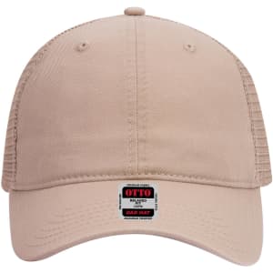 A beige 6-panel low profile trucker dad cap with a mesh back and a logo label on the front.