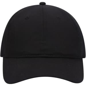 A black 6 panel low profile baseball cap with a logo on the front and no additional decorations.