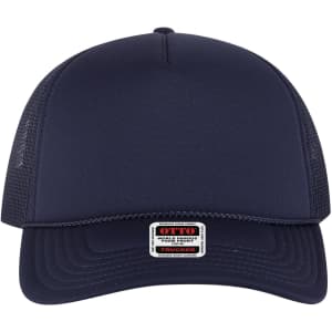 A navy blue 5 panel low profile trucker cap with mesh panels and a logo label on the front.