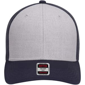 A grey and navy 6-panel low profile trucker cap with a branded tag on the front.