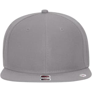A grey snapback cap with a mid profile and a grey undervisor. Features a logo on the side.