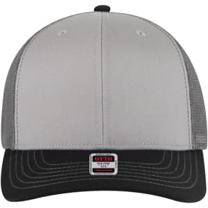 A grey and black 6-panel mid-profile trucker cap with mesh sides and a fitted design. It features a logo on the front.