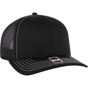 A black 6 panel mid profile trucker cap with a mesh back and contrasting stitching, featuring a logo on the front.