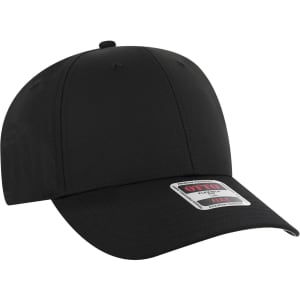 A black 6 panel low profile style baseball cap with a logo.