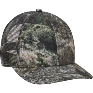 A camo-patterned 6 panel low profile baseball cap with a mesh back and a solid peak. It has a branding logo.