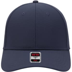 A navy blue UPF 50+ 6 panel low profile baseball cap with a flexible fit and a logo on the front.