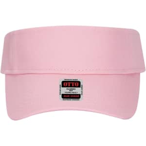 A pink sun visor with a wide brim and an attached logo label. Suitable for youth headwear.
