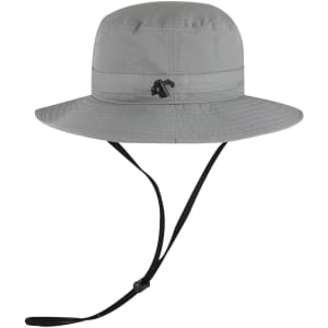 A grey Polyester Pongee Boonie Hat with a wide brim and adjustable chin strap, featuring a logo.