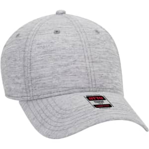 A light grey six-panel low profile baseball cap with a branded tag.