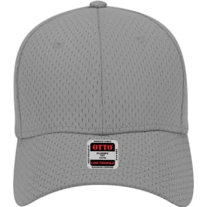 A grey 6 panel low profile baseball cap with a logo, featuring a breathable mesh design.