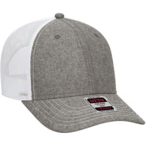 A grey low-profile trucker cap with a mesh back and a logo on the front.