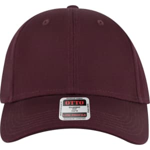A burgundy low profile baseball cap with a branded label on the front.
