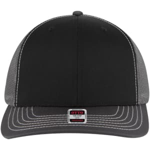 A black 6 panel mid-profile trucker cap featuring mesh sides and a branded label on the front.