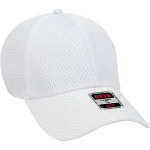 A white, 6-panel low profile baseball cap with a flexible design and a branded tag attached.