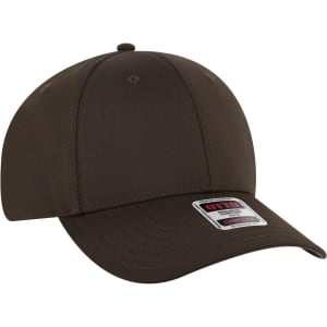 A brown low profile baseball cap with a six-panel design and a logo on the front.