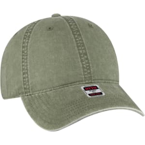A low-profile dad cap in olive green with a curved brim and an attached logo.