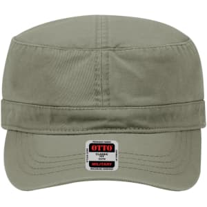 A military-style hat in olive green with a flat brim and a logo tag on the front.