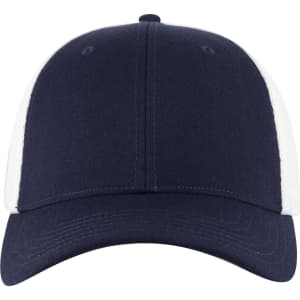 A navy blue low profile trucker cap with a white mesh back and a curved visor. It features a logo.
