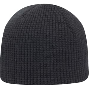 A dark grey waffle rib knit beanie with a seamless design and a small logo.