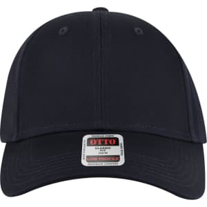 A navy blue 6 panel low profile baseball cap with a tag indicating low profile and maximum comfort.