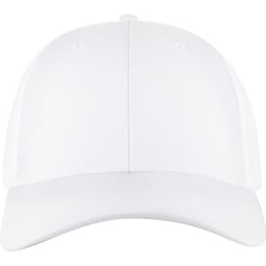 A white low profile trucker cap featuring six panels and a back mesh design, including a logo.