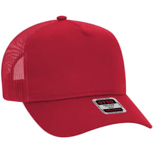 A red 5-panel mid profile trucker cap with a mesh back and a label on the front.