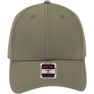 A low profile baseball cap in olive green, featuring a branded label on the front.