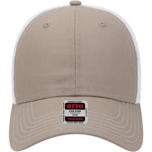 A beige low profile trucker cap with a white mesh back and a label on the front.