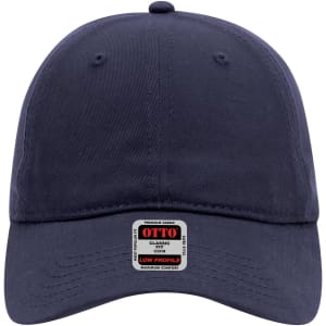 A navy blue, low profile 6-panel baseball cap with a logo on the front.