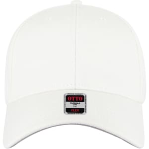 A white 6 panel low profile baseball cap featuring a logo on the front.
